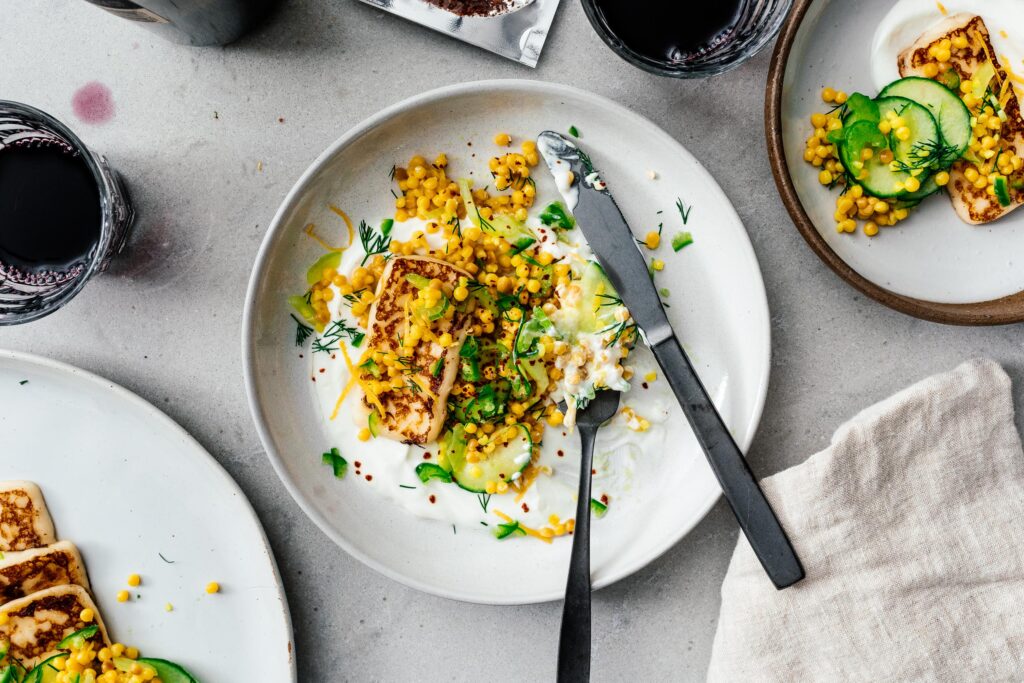 Pan-fried Halloumi with Israeli cous cous salad | www.iamafoodblog.com