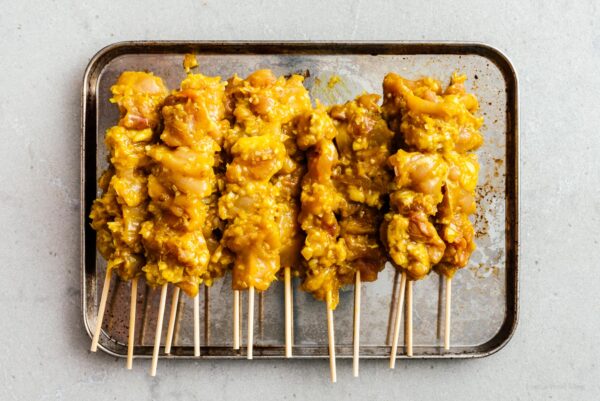 skewers of uncooked chicken satay | www.iamafoodblog.com